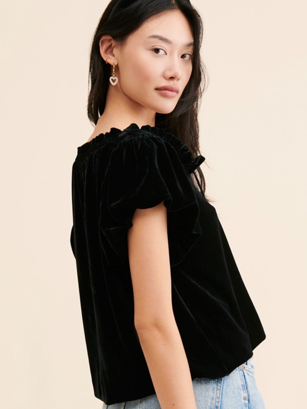 Free People Black Velvet Tie-Front Peasant Top - Picture 2 of 6